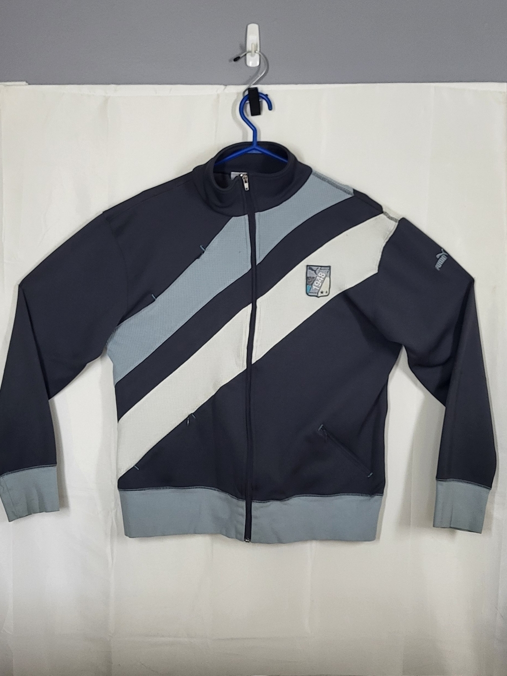 Tommy Hilfiger Navy, Light Gray & White Diagonal Zip-Front Varsity Jacket